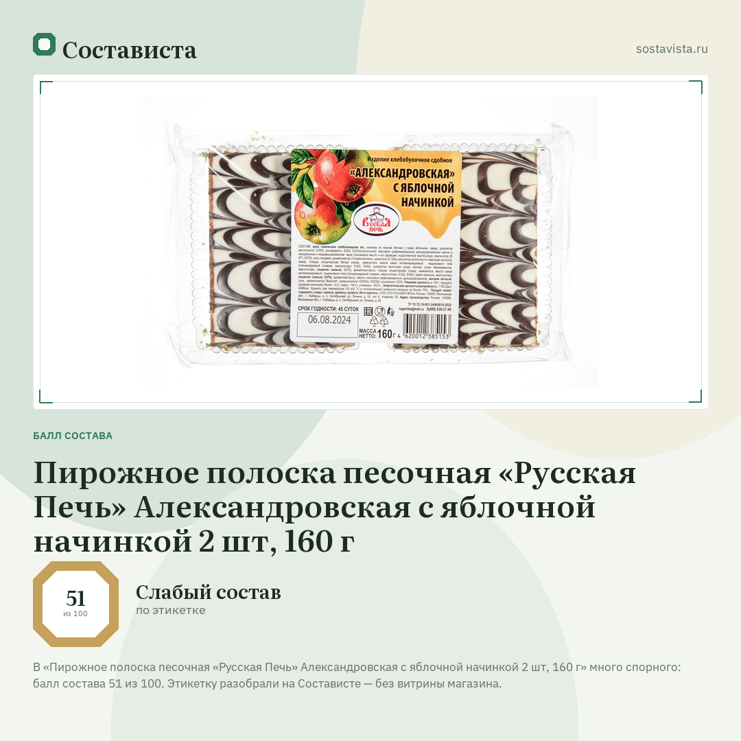 Пирожное полоска песочная «Русская Печь» Александровская с яблочной начинкой 2 шт, 160 г: балл состава 51 из 100 — Состависта