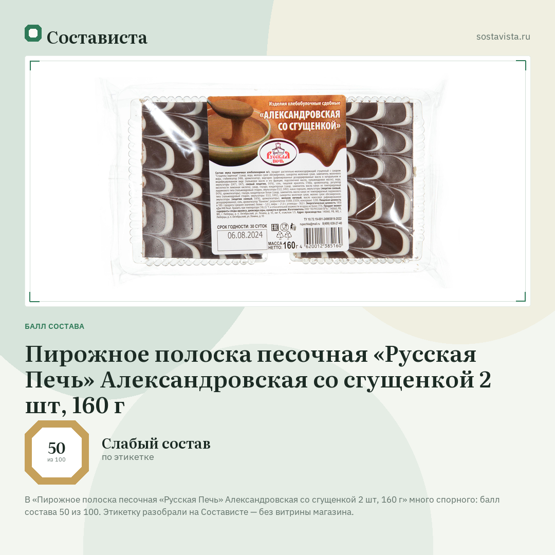 Пирожное полоска песочная «Русская Печь» Александровская со сгущенкой 2 шт, 160 г: балл состава 50 из 100 — Состависта