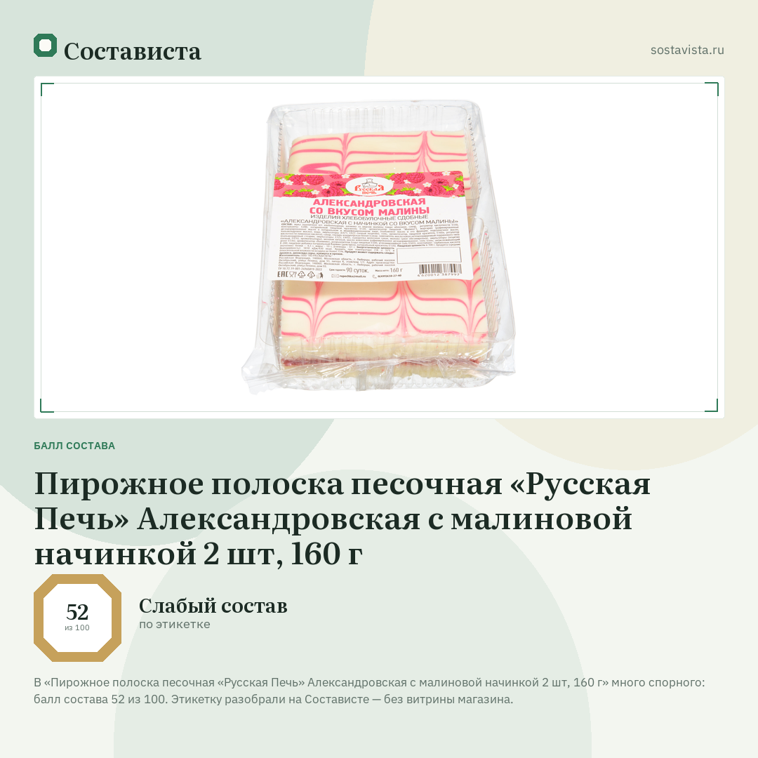 Пирожное полоска песочная «Русская Печь» Александровская с малиновой начинкой 2 шт, 160 г: балл состава 52 из 100 — Состависта