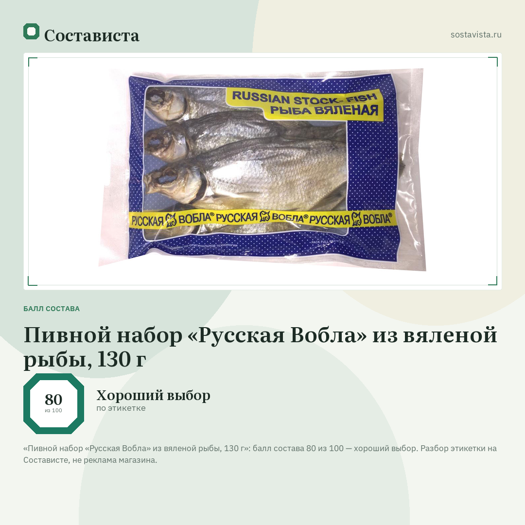 Пивной набор «Русская Вобла» из вяленой рыбы, 130 г: балл состава 80 из 100 — Состависта