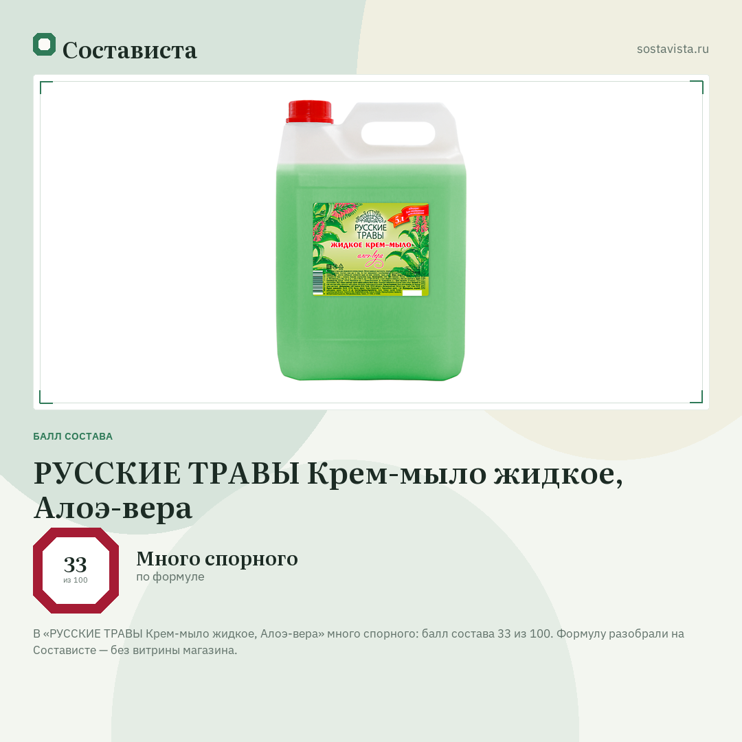 РУССКИЕ ТРАВЫ Крем-мыло жидкое, Алоэ-вера: балл состава 33 из 100 — Состависта