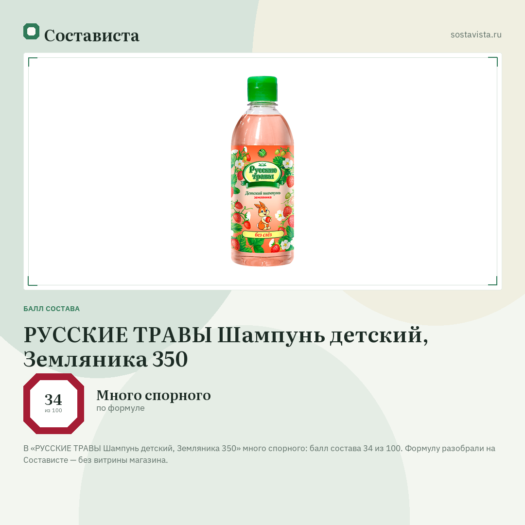 РУССКИЕ ТРАВЫ Шампунь детский, Земляника 350: балл состава 34 из 100 — Состависта