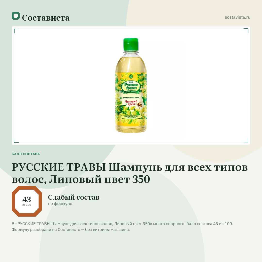 РУССКИЕ ТРАВЫ Шампунь для всех типов волос, Липовый цвет 350: балл состава 43 из 100 — Состависта