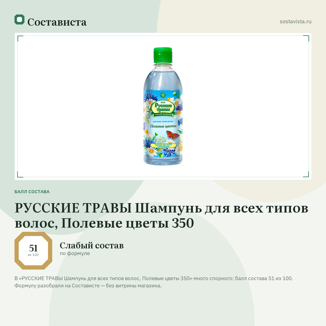 РУССКИЕ ТРАВЫ Шампунь для всех типов волос, Полевые цветы 350: балл состава 51 из 100 — Состависта