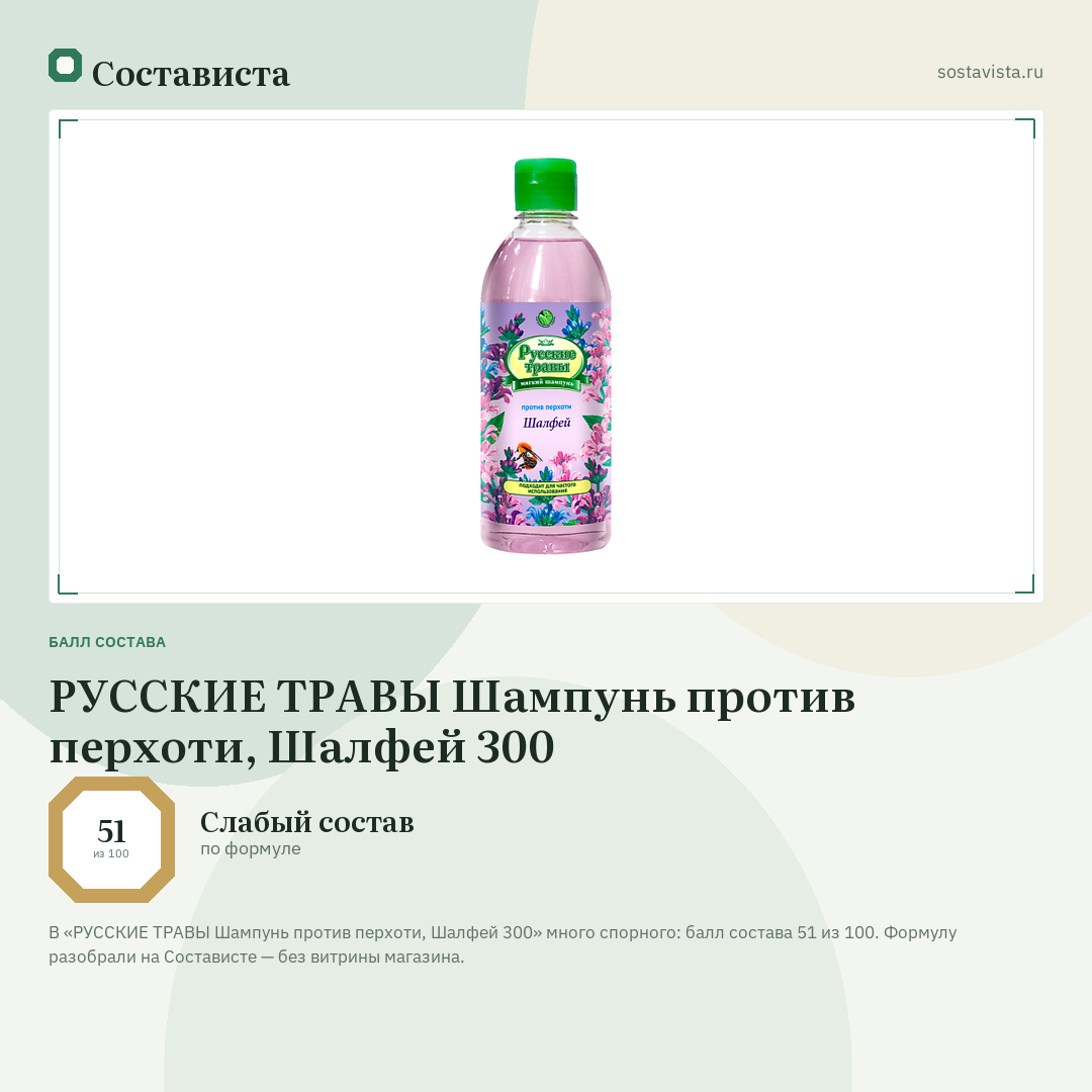 РУССКИЕ ТРАВЫ Шампунь против перхоти, Шалфей 300: балл состава 51 из 100 — Состависта