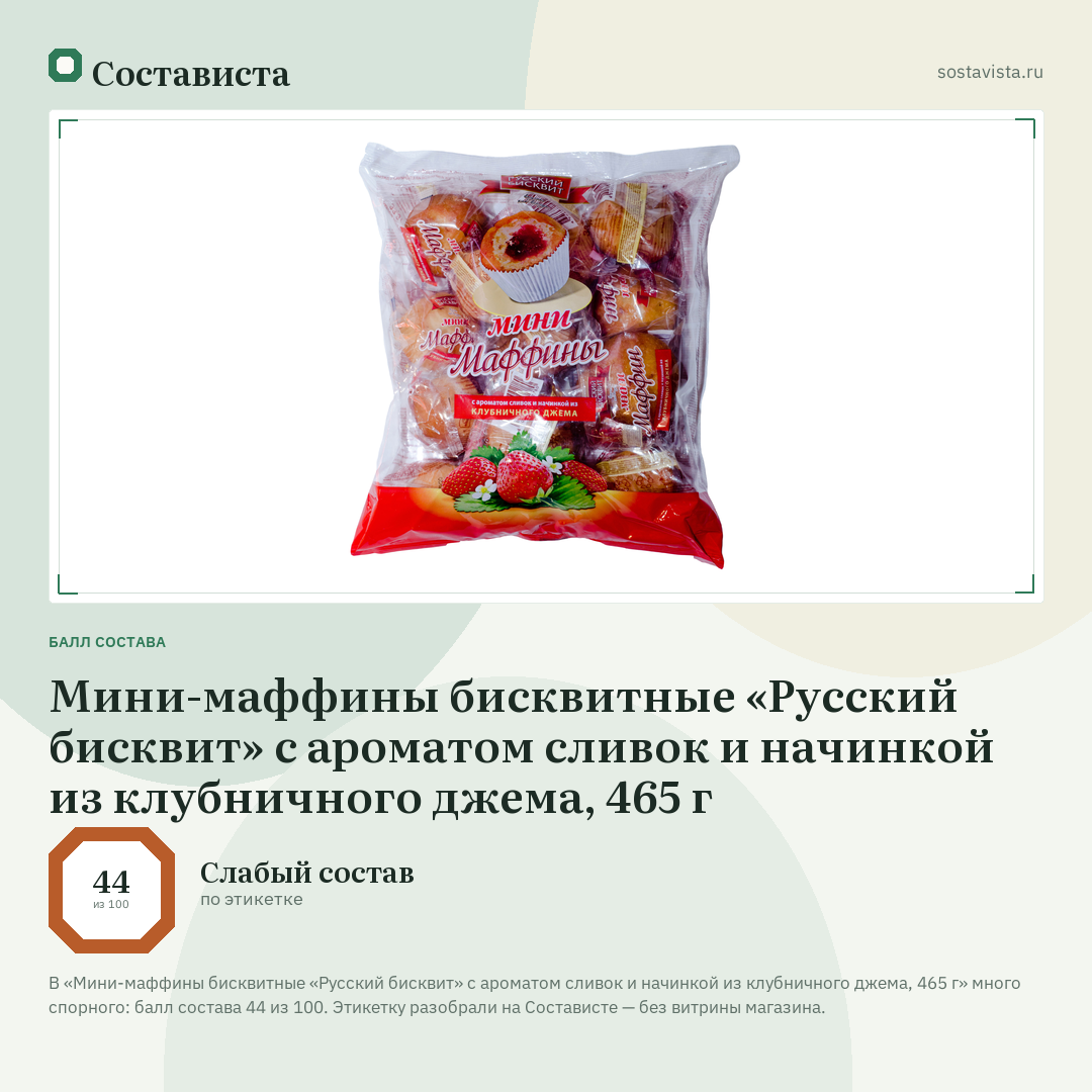 Мини-маффины бисквитные «Русский бисквит» с ароматом сливок и начинкой из клубничного джема, 465 г: балл состава 44 из 100 — Состависта