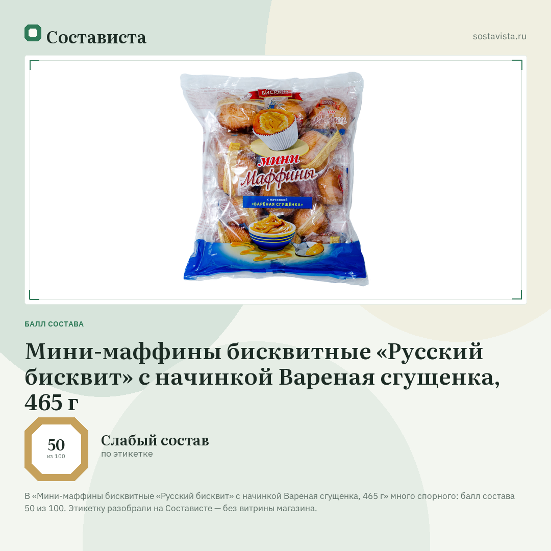 Мини-маффины бисквитные «Русский бисквит» с начинкой Вареная сгущенка, 465 г: балл состава 50 из 100 — Состависта