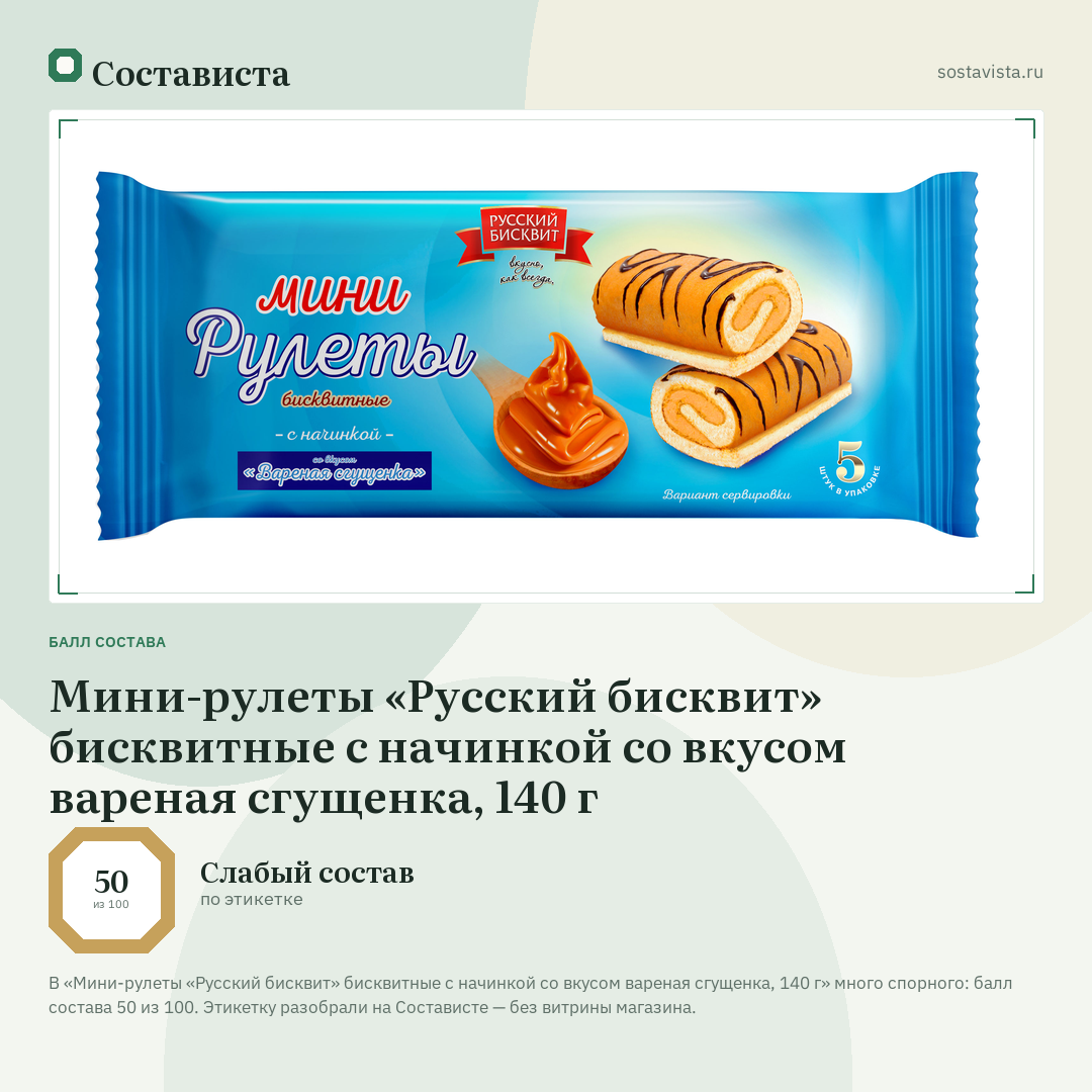 Мини-рулеты «Русский бисквит» бисквитные с начинкой со вкусом вареная сгущенка, 140 г: балл состава 50 из 100 — Состависта