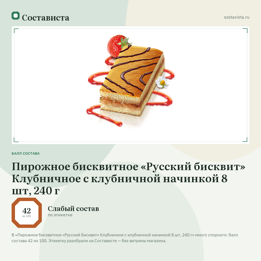 Пирожное бисквитное «Русский бисквит» Клубничное с клубничной начинкой 8 шт, 240 г: балл состава 42 из 100 — Состависта