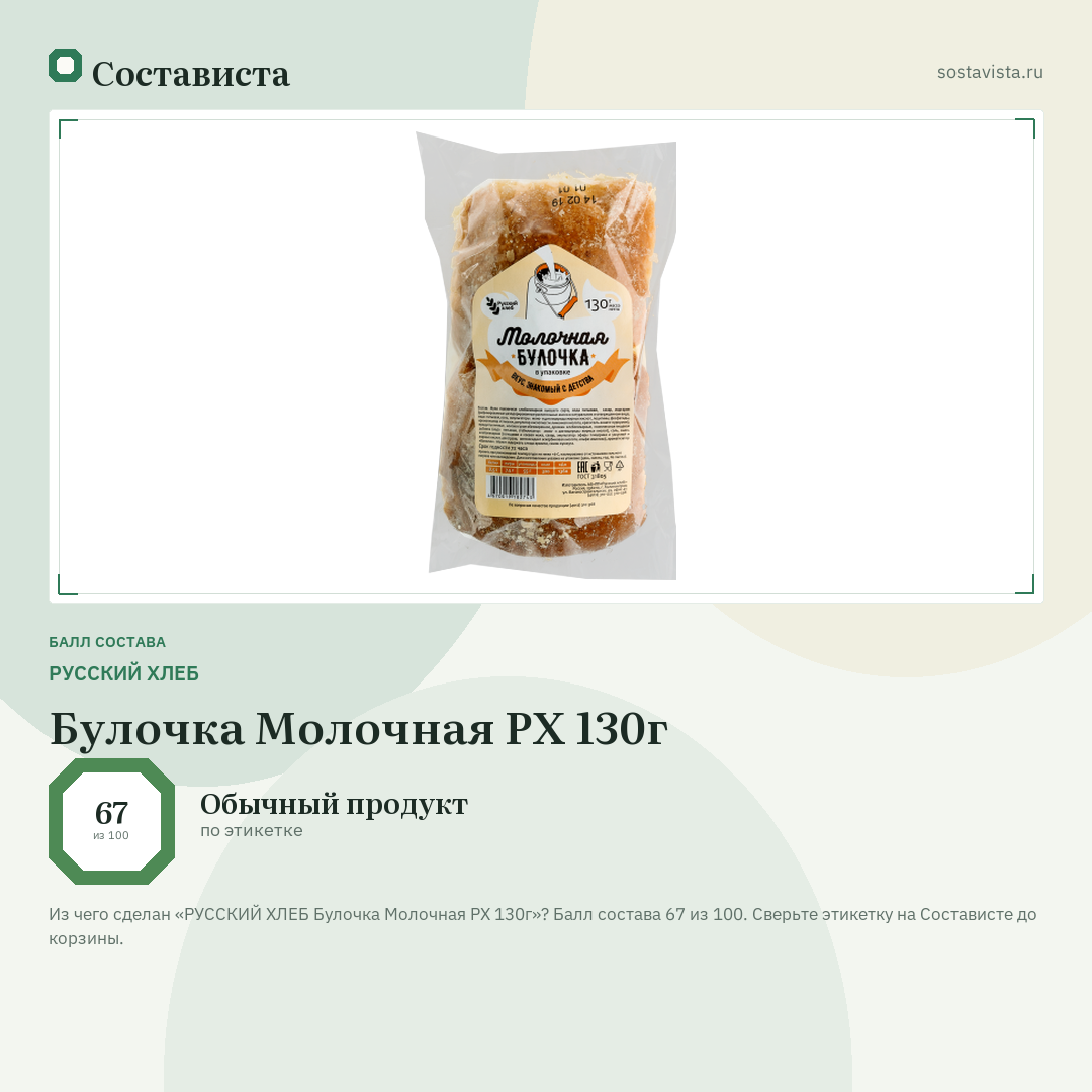 РУССКИЙ ХЛЕБ Булочка Молочная РХ 130г: балл состава 67 из 100 — Состависта