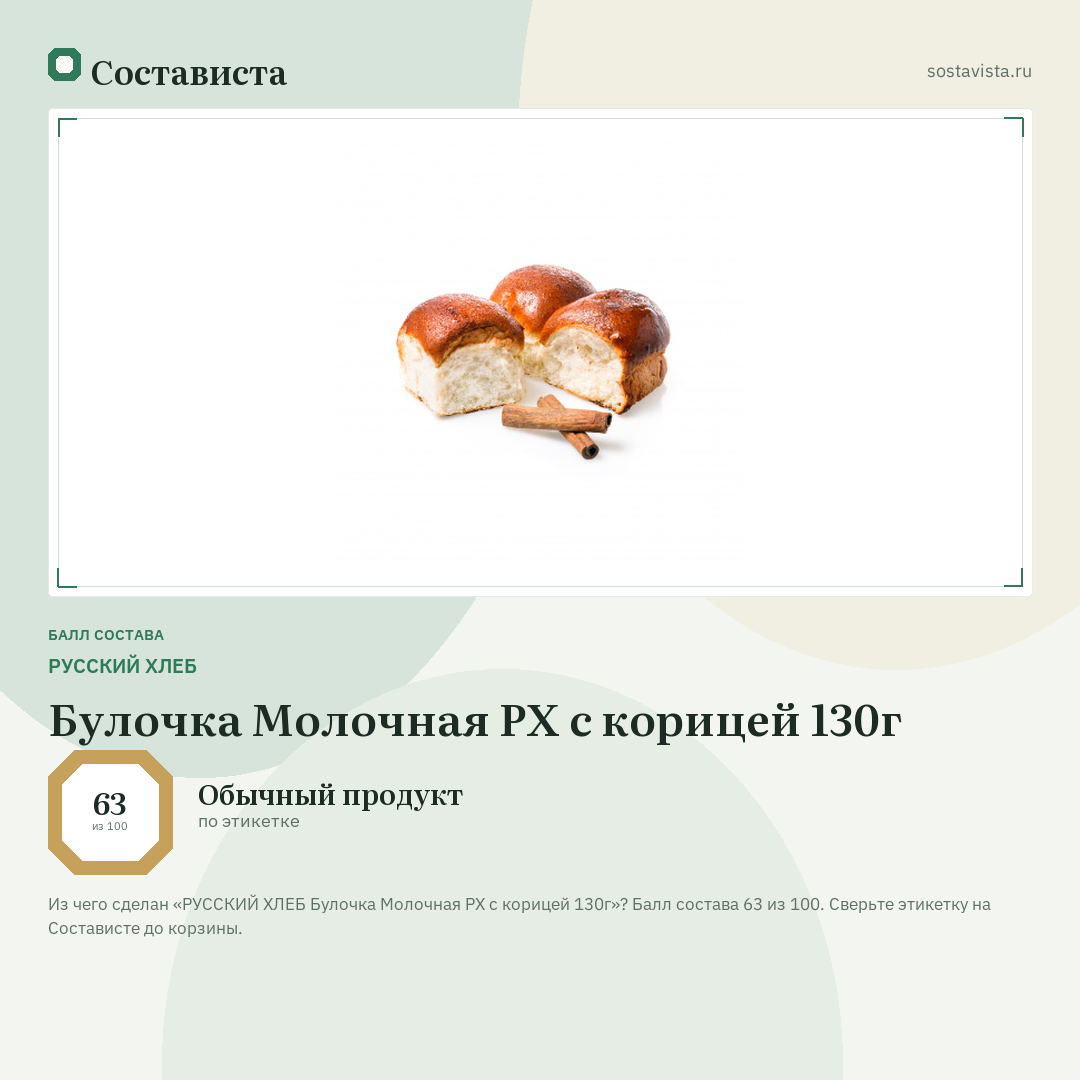 РУССКИЙ ХЛЕБ Булочка Молочная РХ с корицей 130г: балл состава 63 из 100 — Состависта