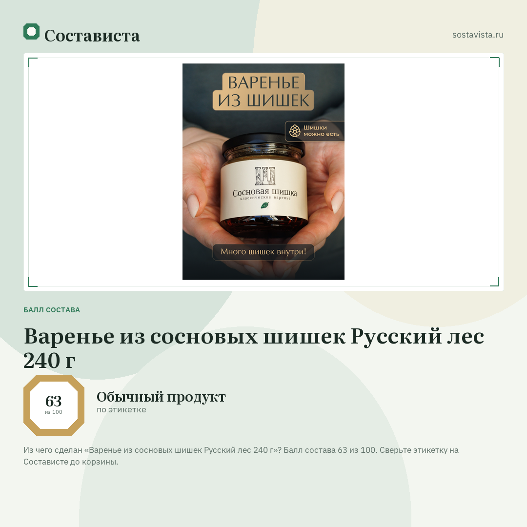 Варенье из сосновых шишек Русский лес 240 г: балл состава 63 из 100 — Состависта