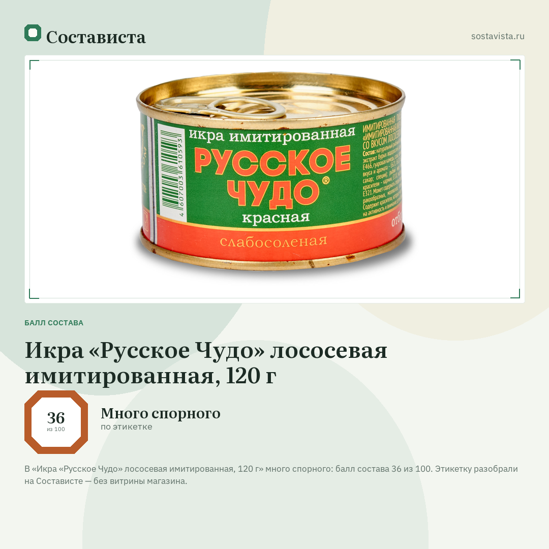 Икра «Русское Чудо» лососевая имитированная, 120 г: балл состава 36 из 100 — Состависта
