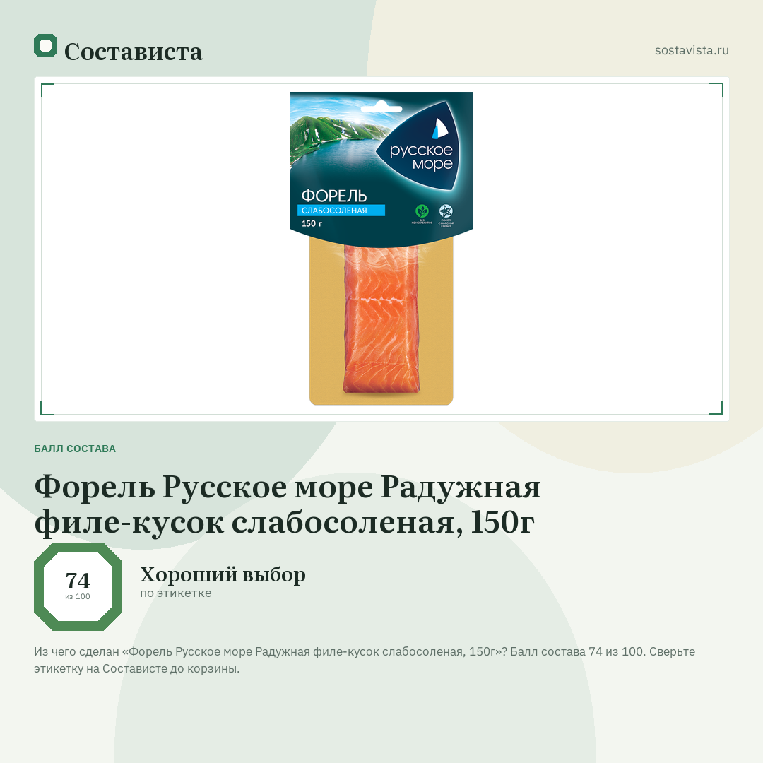 Форель Русское море Радужная филе-кусок слабосоленая, 150г: балл состава 74 из 100 — Состависта