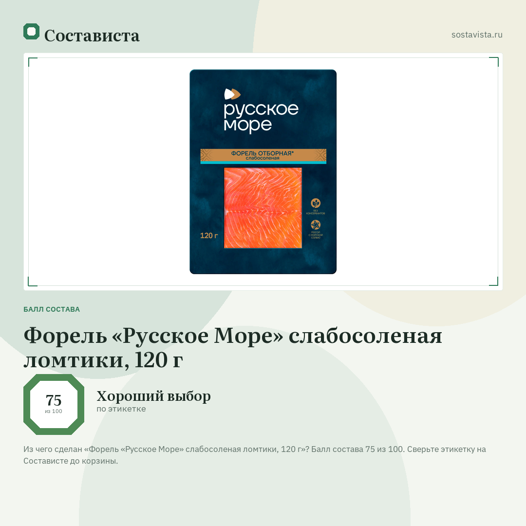 Форель «Русское Море» слабосоленая ломтики, 120 г: балл состава 75 из 100 — Состависта