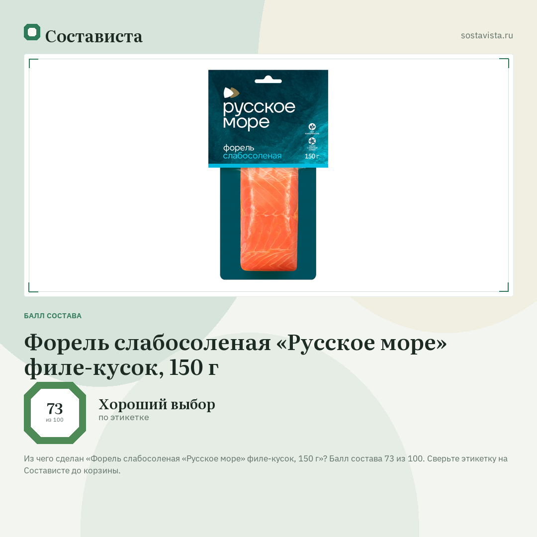 Форель слабосоленая «Русское море» филе-кусок, 150 г: балл состава 73 из 100 — Состависта