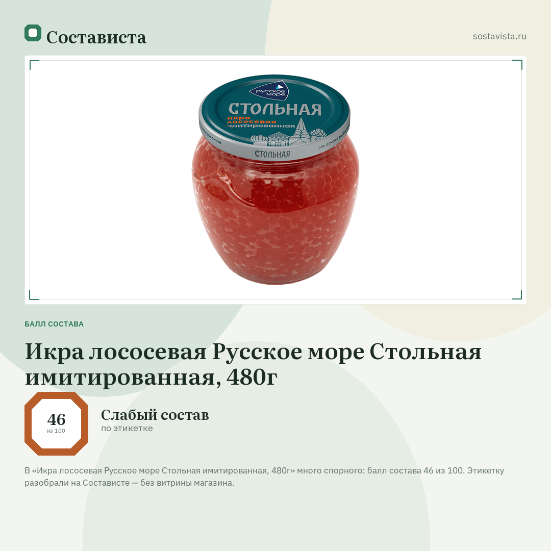 Икра лососевая Русское море Стольная имитированная, 480г: балл состава 46 из 100 — Состависта