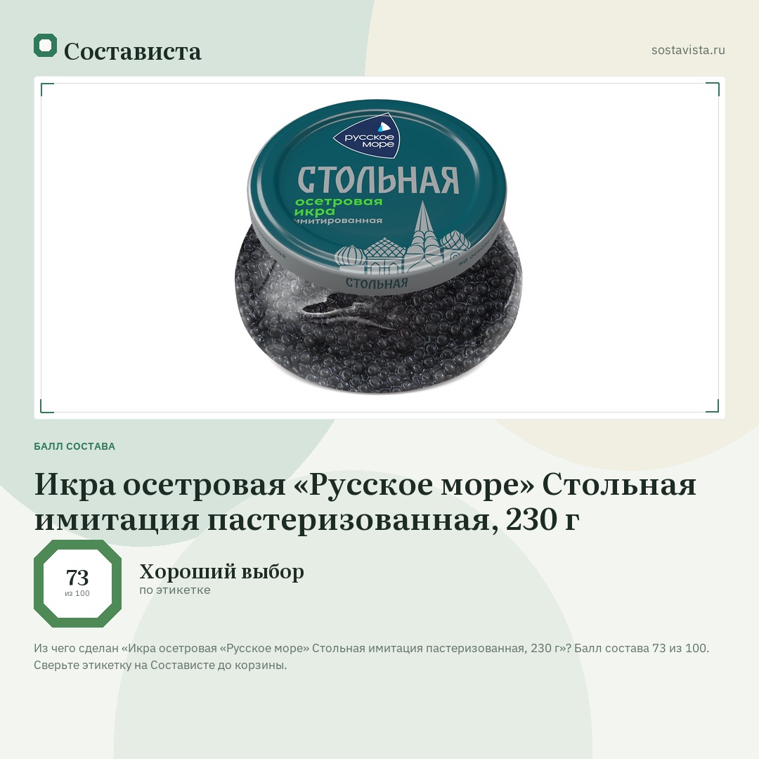 Икра осетровая «Русское море» Стольная имитация пастеризованная, 230 г: балл состава 73 из 100 — Состависта