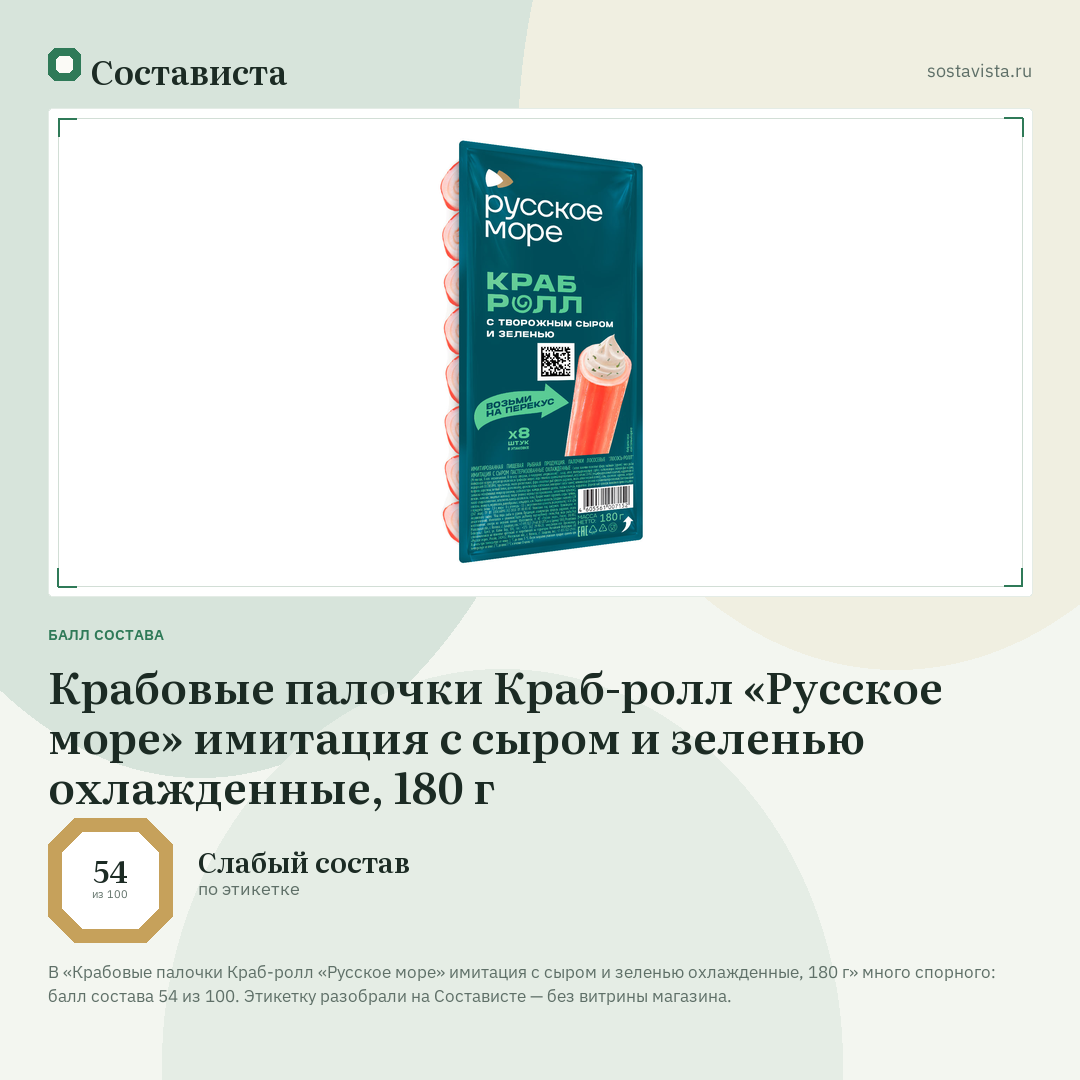Крабовые палочки Краб-ролл «Русское море» имитация с сыром и зеленью охлажденные, 180 г: балл состава 54 из 100 — Состависта