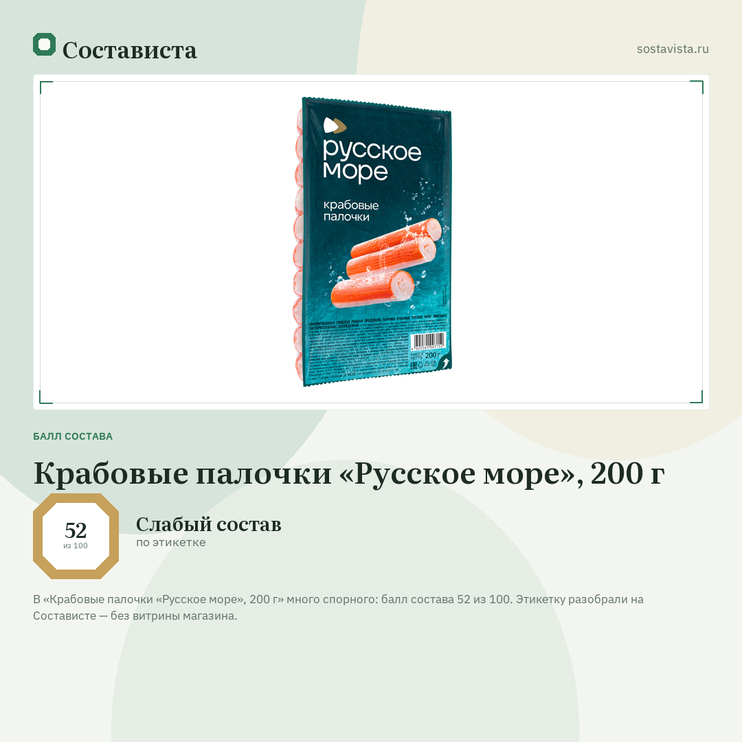 Крабовые палочки «Русское море», 200 г: балл состава 52 из 100 — Состависта