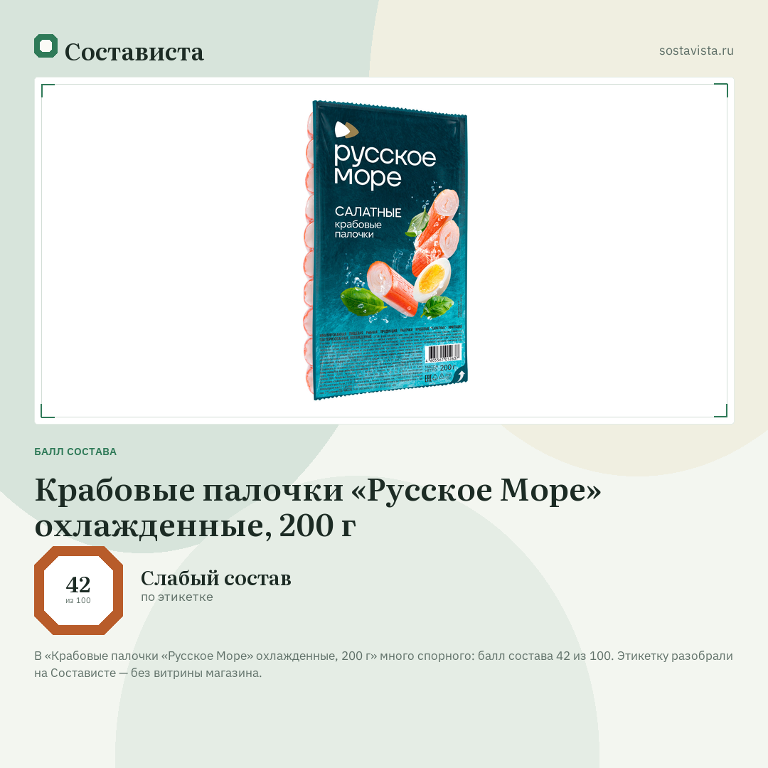Крабовые палочки «Русское Море» охлажденные, 200 г: балл состава 42 из 100 — Состависта