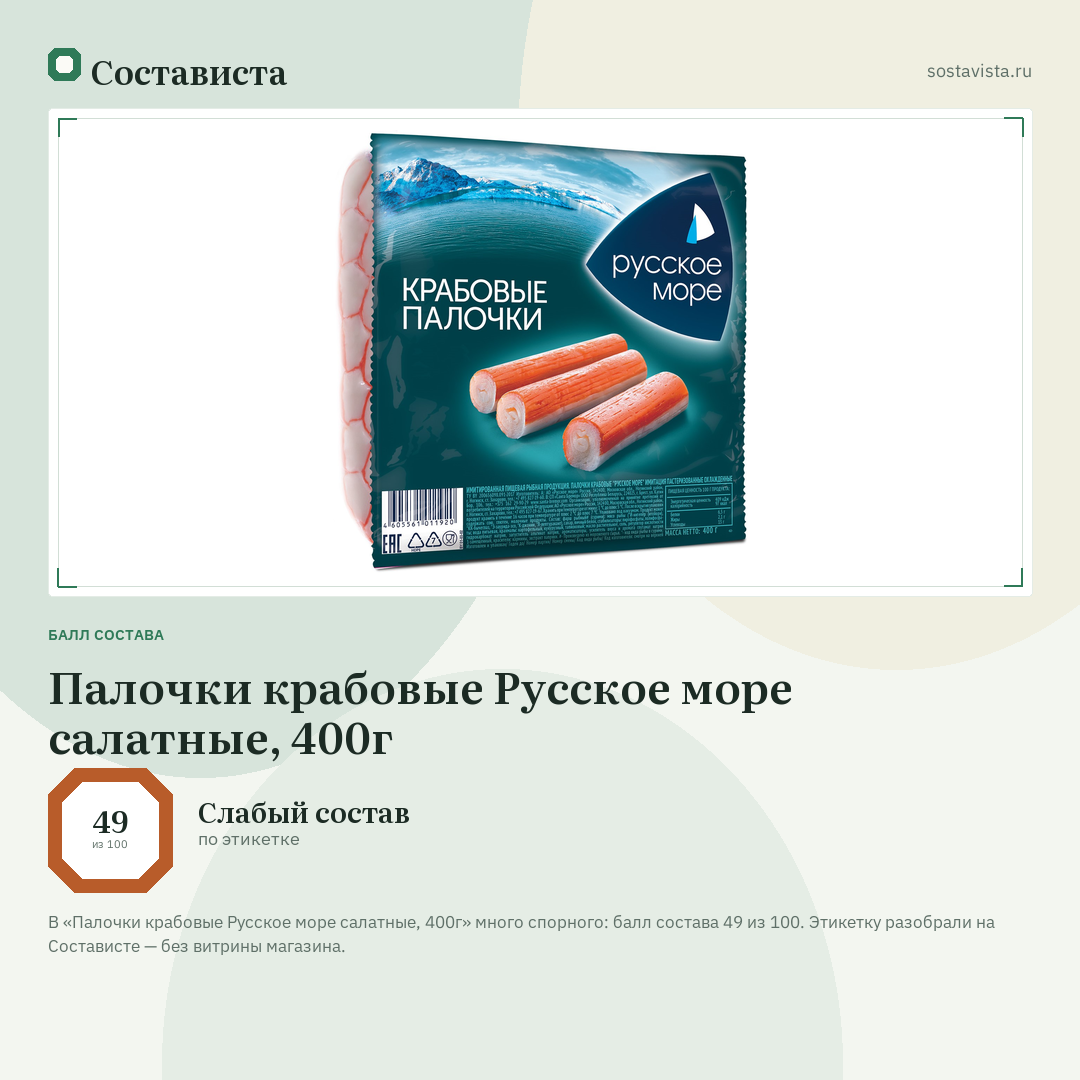 Палочки крабовые Русское море салатные, 400г: балл состава 49 из 100 — Состависта