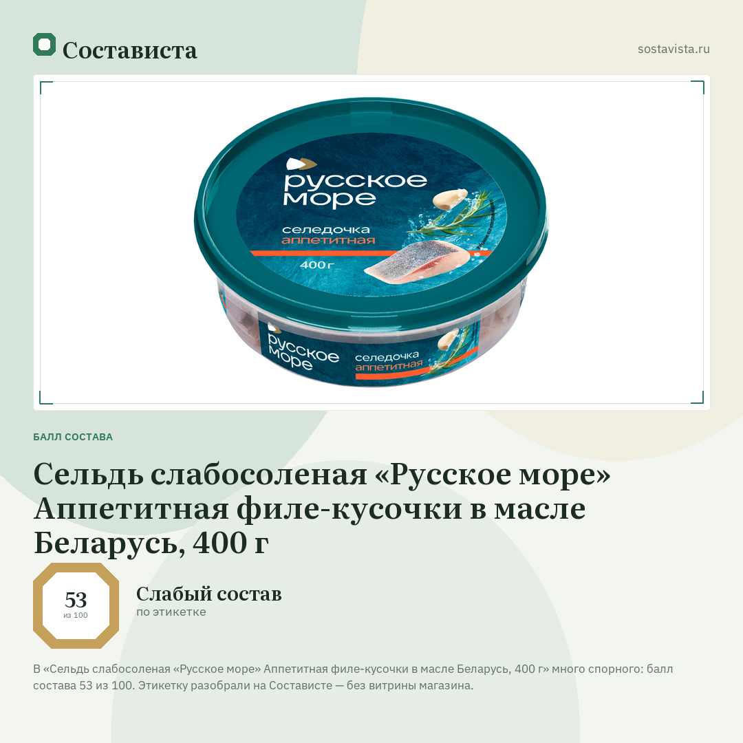 Сельдь слабосоленая «Русское море» Аппетитная филе-кусочки в масле Беларусь, 400 г: балл состава 53 из 100 — Состависта