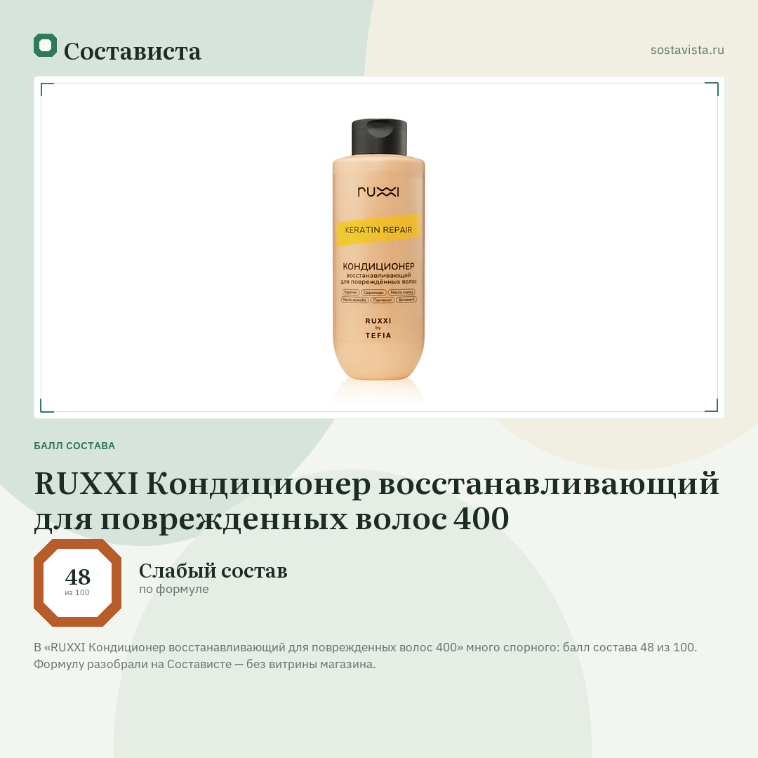 RUXXI Кондиционер восстанавливающий для поврежденных волос 400: балл состава 48 из 100 — Состависта
