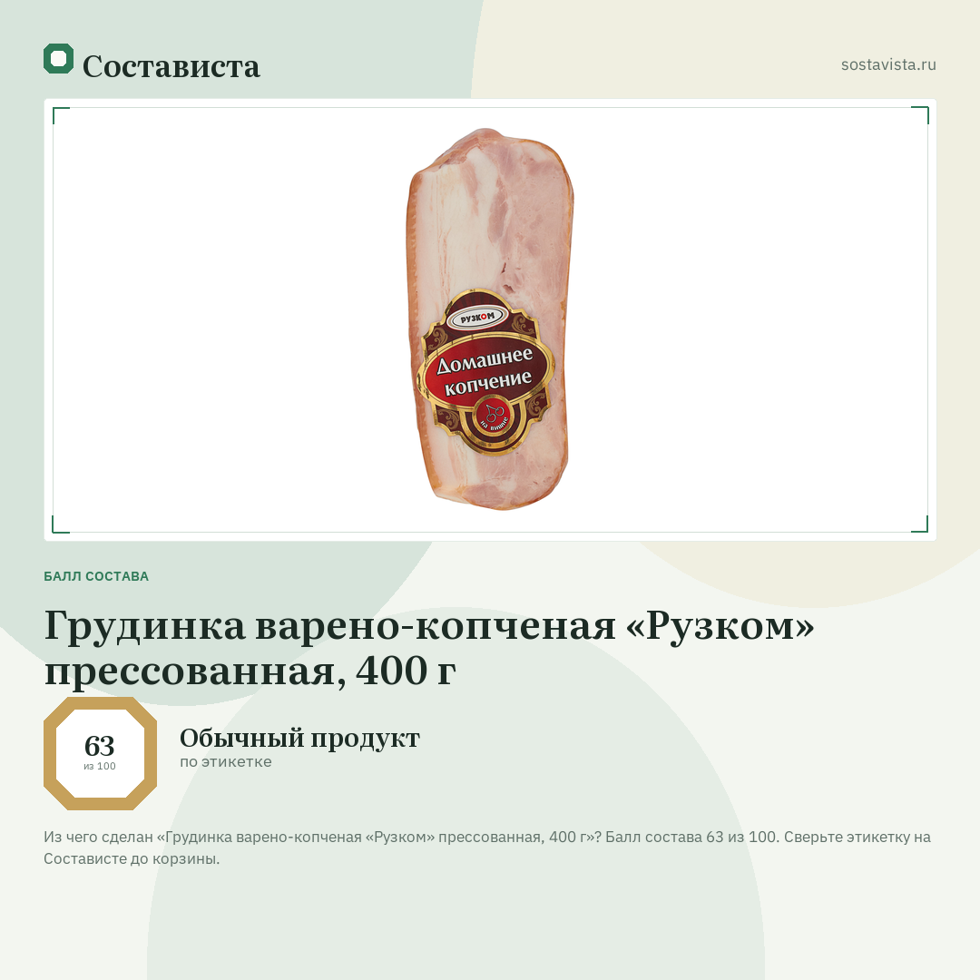 Грудинка варено-копченая «Рузком» прессованная, 400 г: балл состава 63 из 100 — Состависта