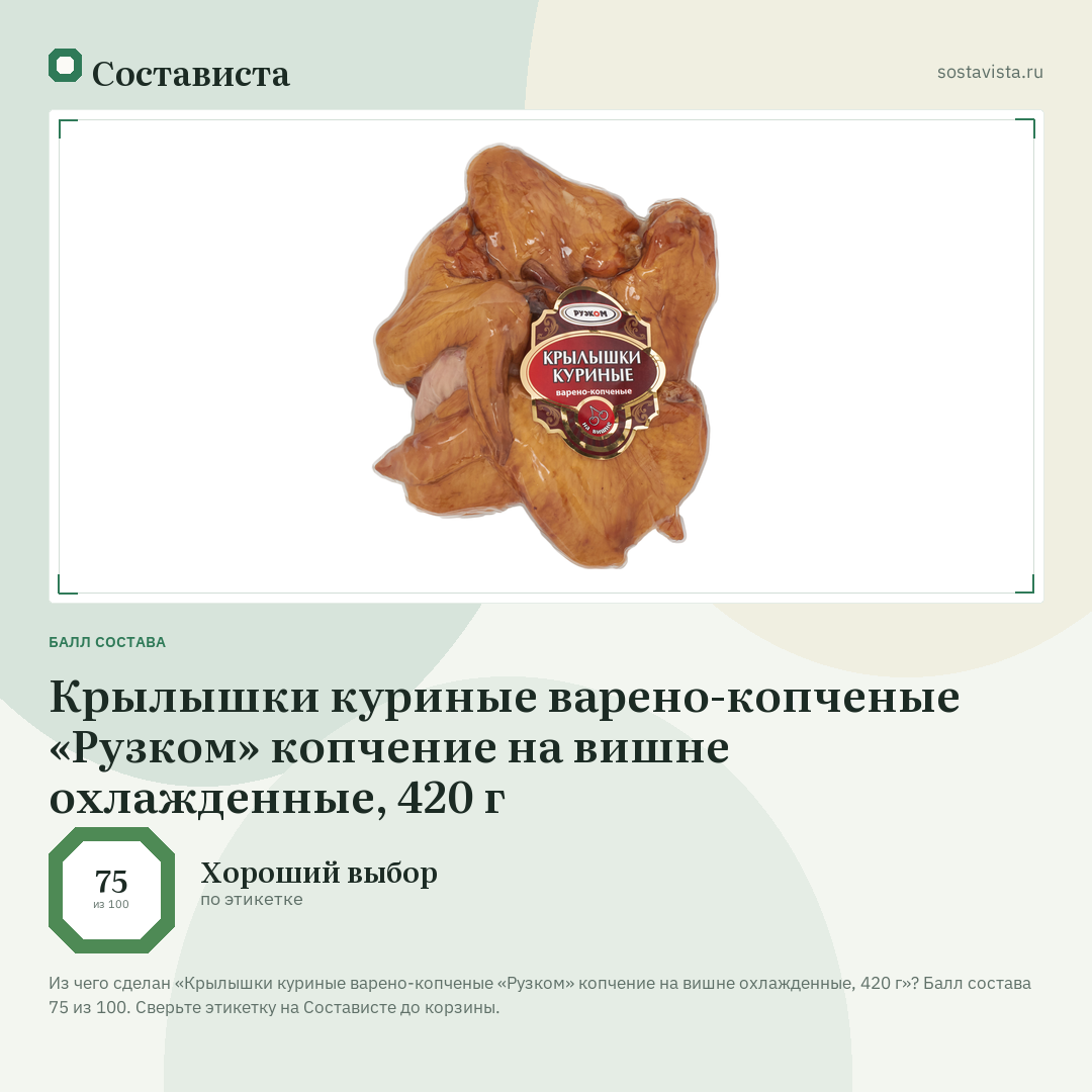 Крылышки куриные варено-копченые «Рузком» копчение на вишне охлажденные, 420 г: балл состава 75 из 100 — Состависта