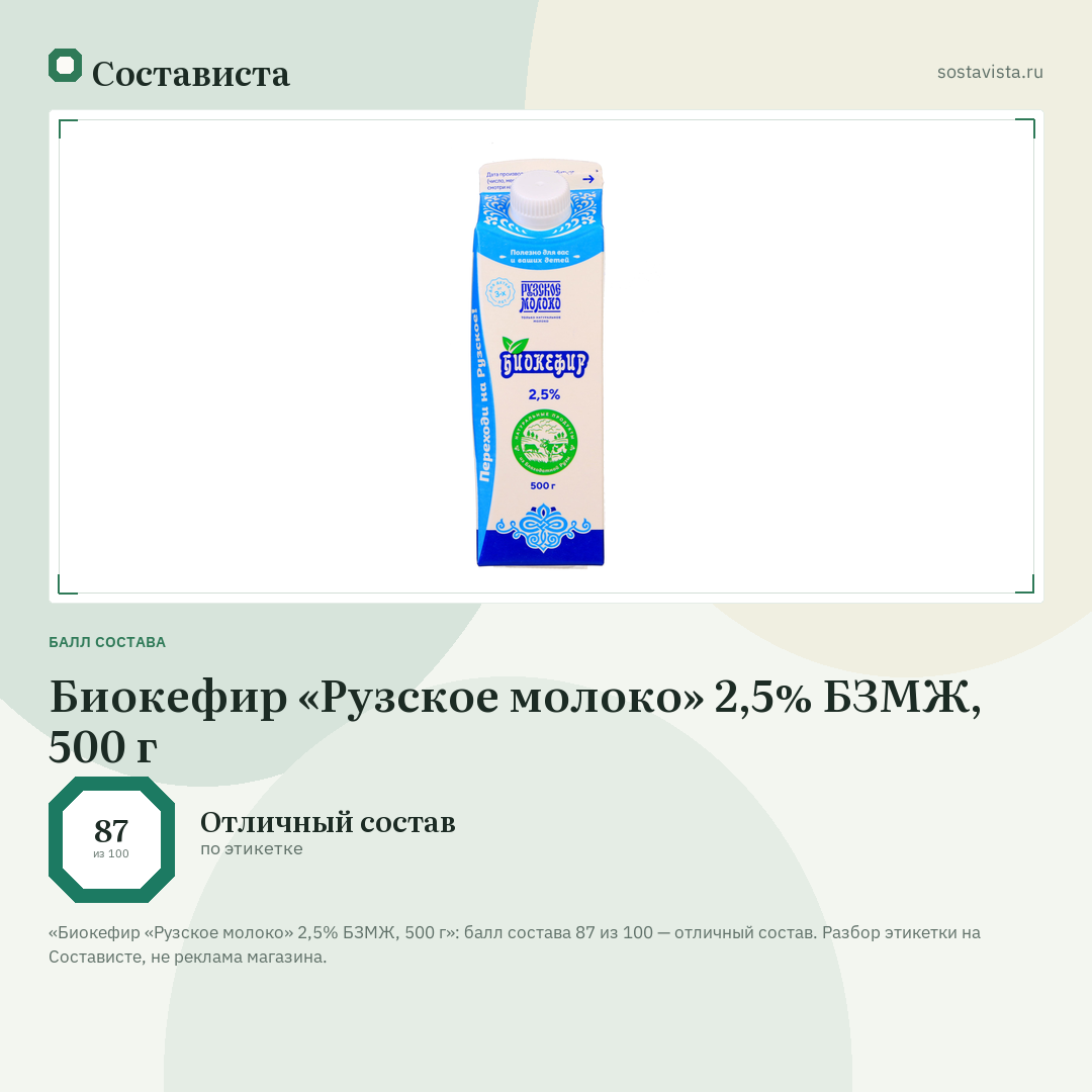 Биокефир «Рузское молоко» 2,5% БЗМЖ, 500 г: балл состава 87 из 100 — Состависта