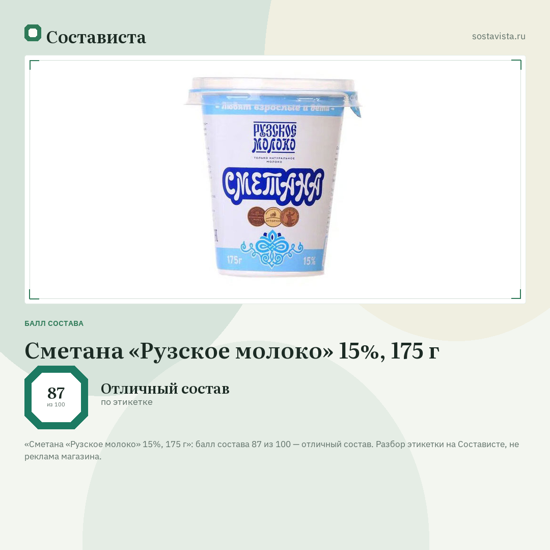 Сметана «Рузское молоко» 15%, 175 г: балл состава 87 из 100 — Состависта