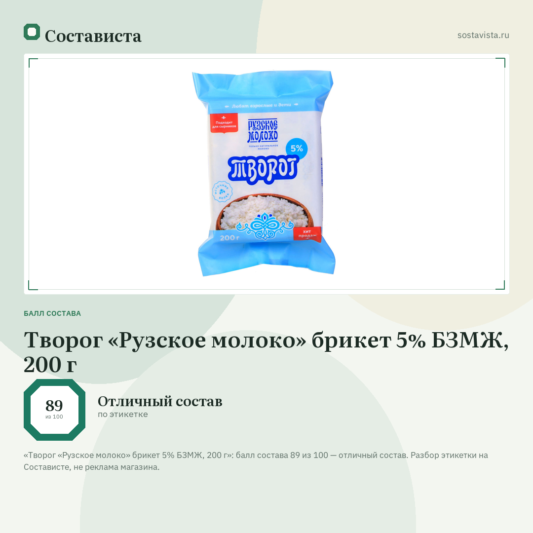Творог «Рузское молоко» брикет 5% БЗМЖ, 200 г: балл состава 89 из 100 — Состависта