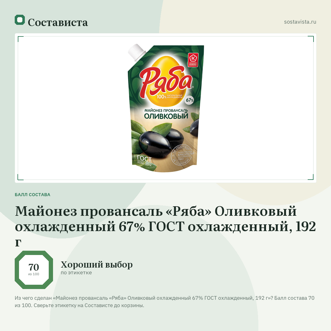 Майонез провансаль «Ряба» Оливковый охлажденный 67% ГОСТ охлажденный, 192 г: балл состава 70 из 100 — Состависта