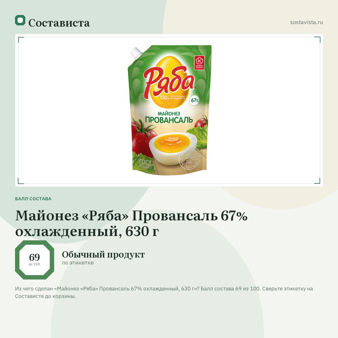 Майонез «Ряба» Провансаль 67% охлажденный, 630 г: балл состава 69 из 100 — Состависта