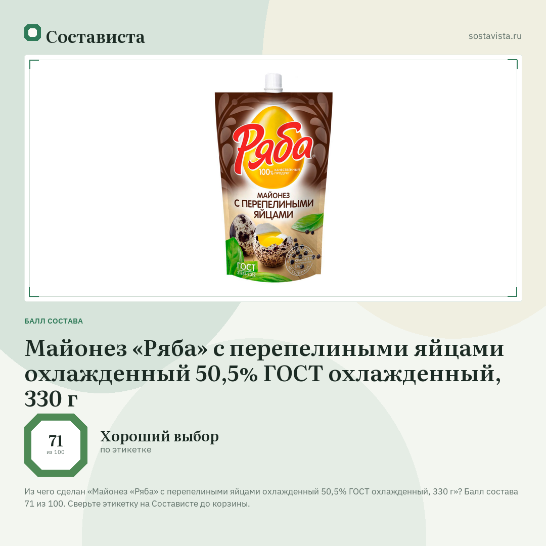 Майонез «Ряба» с перепелиными яйцами охлажденный 50,5% ГОСТ охлажденный, 330 г: балл состава 71 из 100 — Состависта