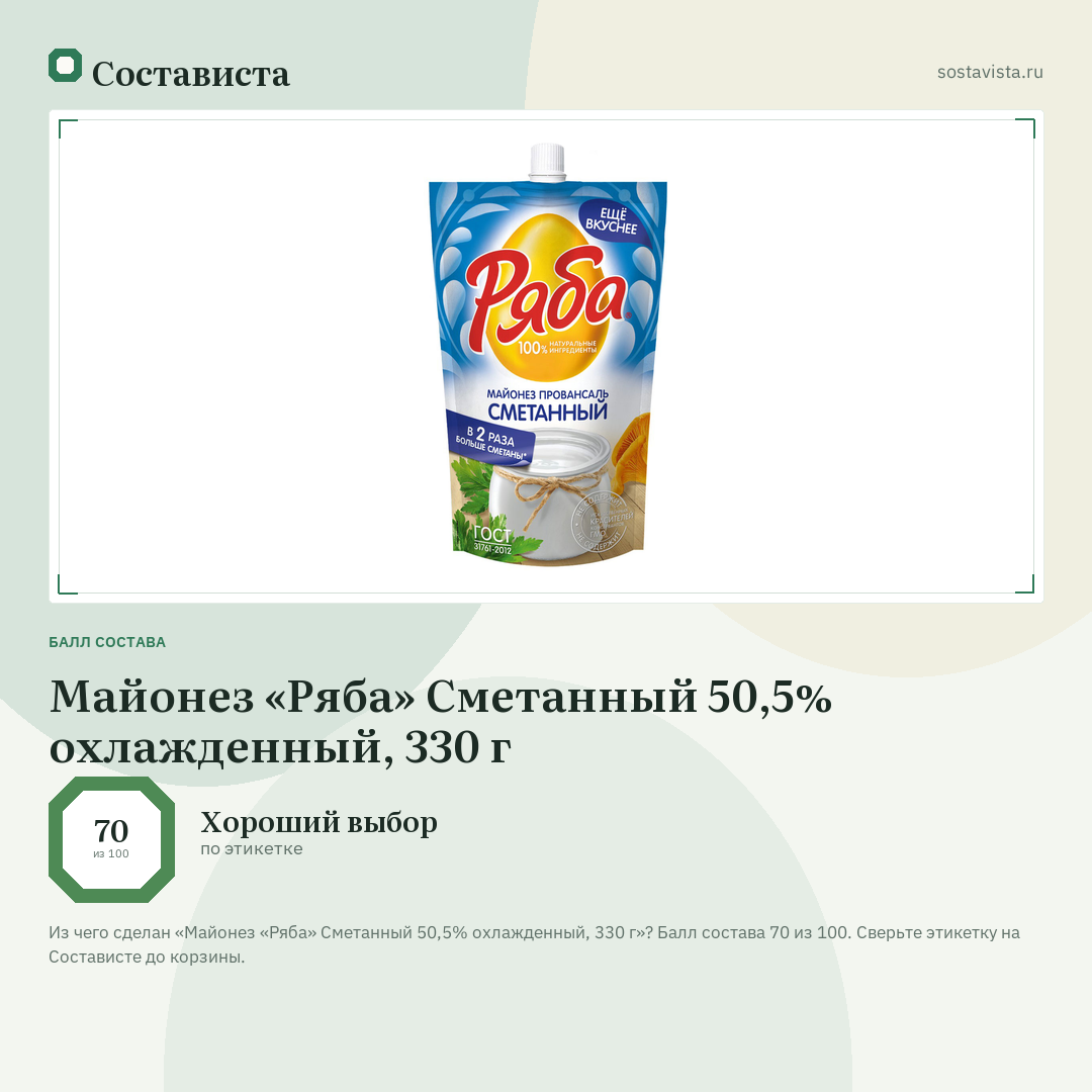 Майонез «Ряба» Сметанный 50,5% охлажденный, 330 г: балл состава 70 из 100 — Состависта