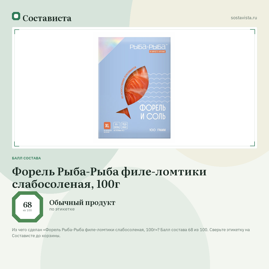 Форель Рыба-Рыба филе-ломтики слабосоленая, 100г: балл состава 68 из 100 — Состависта