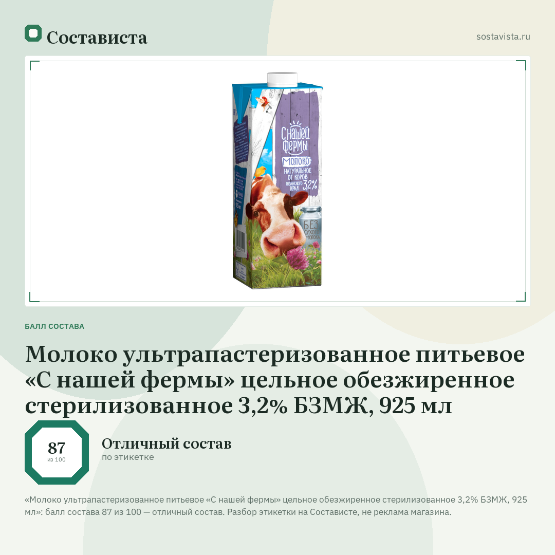 Молоко ультрапастеризованное питьевое «С нашей фермы» цельное обезжиренное стерилизованное 3,2% БЗМЖ, 925 мл: балл состава 87 из 100 — Состависта