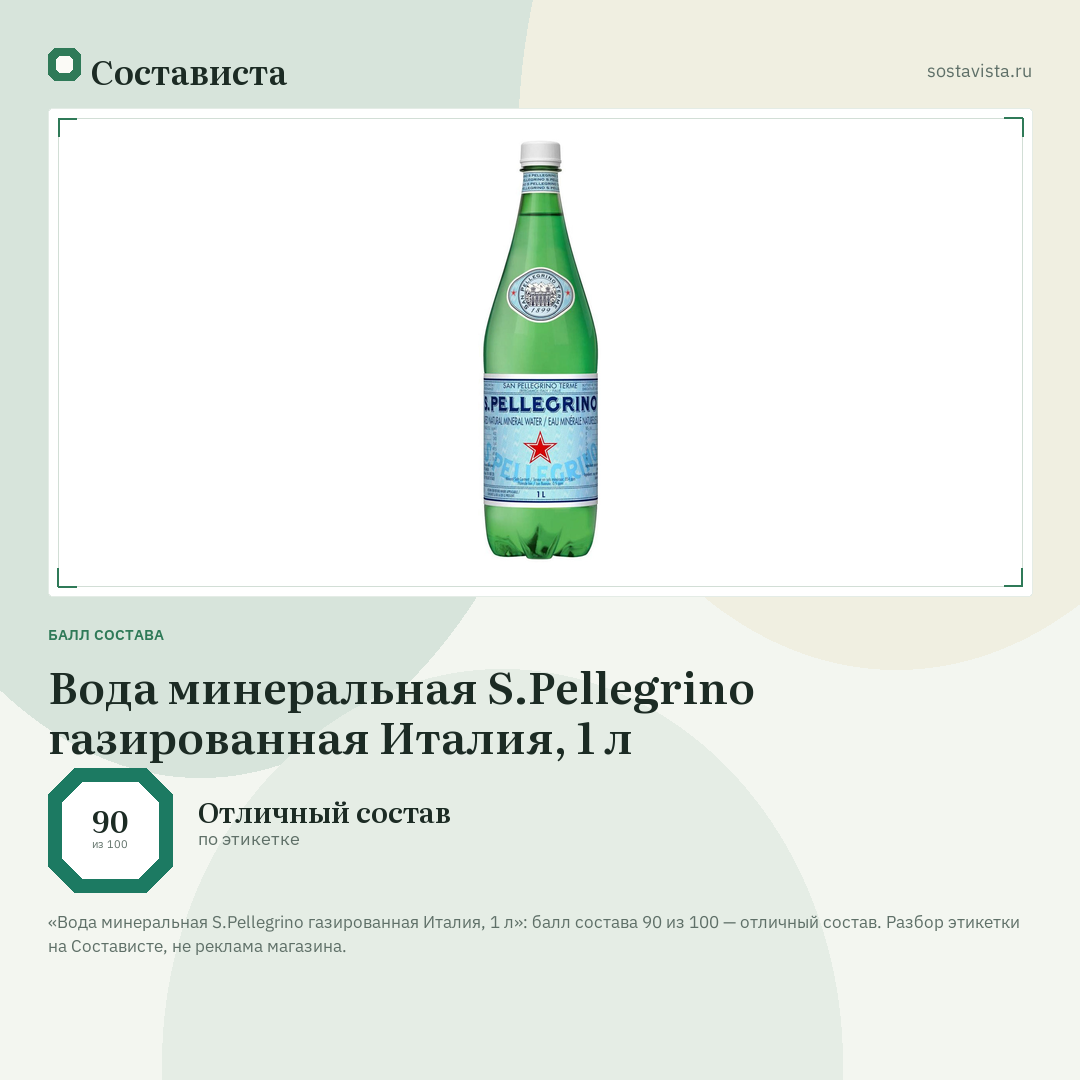Вода минеральная S.Pellegrinо газированная Италия, 1 л: балл состава 90 из 100 — Состависта