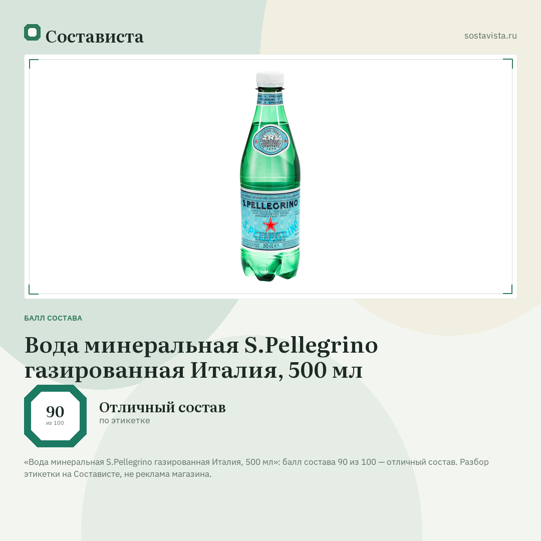 Вода минеральная S.Pellegrino газированная Италия, 500 мл: балл состава 90 из 100 — Состависта