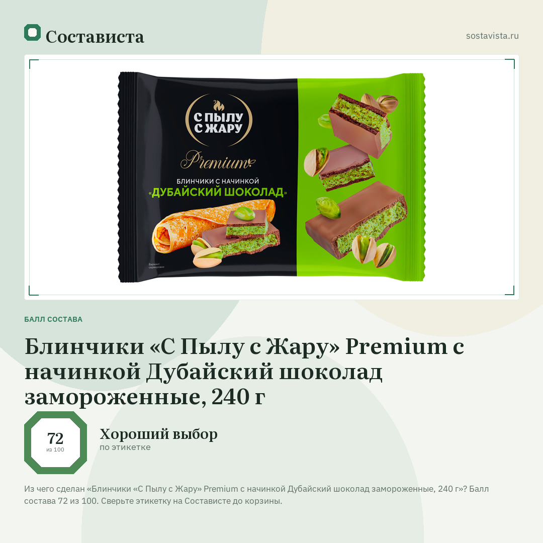 Блинчики «С Пылу с Жару» Premium с начинкой Дубайский шоколад замороженные, 240 г: балл состава 72 из 100 — Состависта