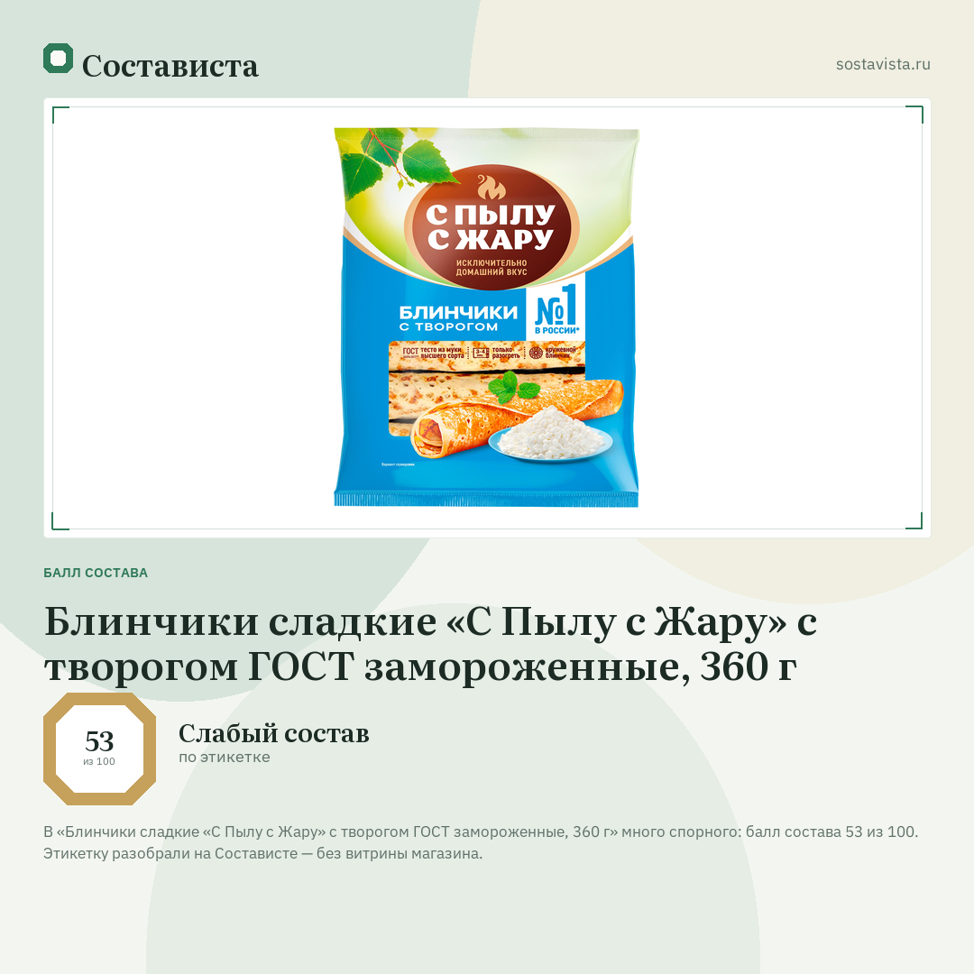 Блинчики сладкие «С Пылу с Жару» с творогом ГОСТ замороженные, 360 г: балл состава 53 из 100 — Состависта