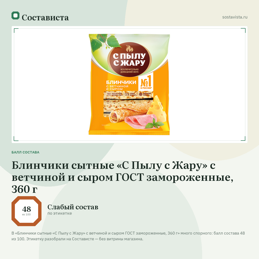Блинчики сытные «С Пылу с Жару» с ветчиной и сыром ГОСТ замороженные, 360 г: балл состава 48 из 100 — Состависта