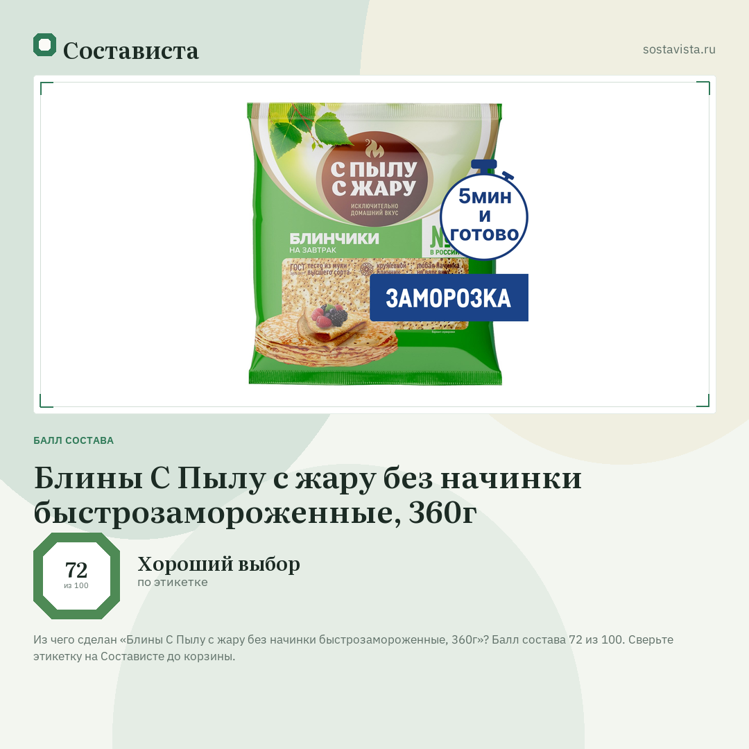 Блины С Пылу с жару без начинки быстрозамороженные, 360г: балл состава 72 из 100 — Состависта