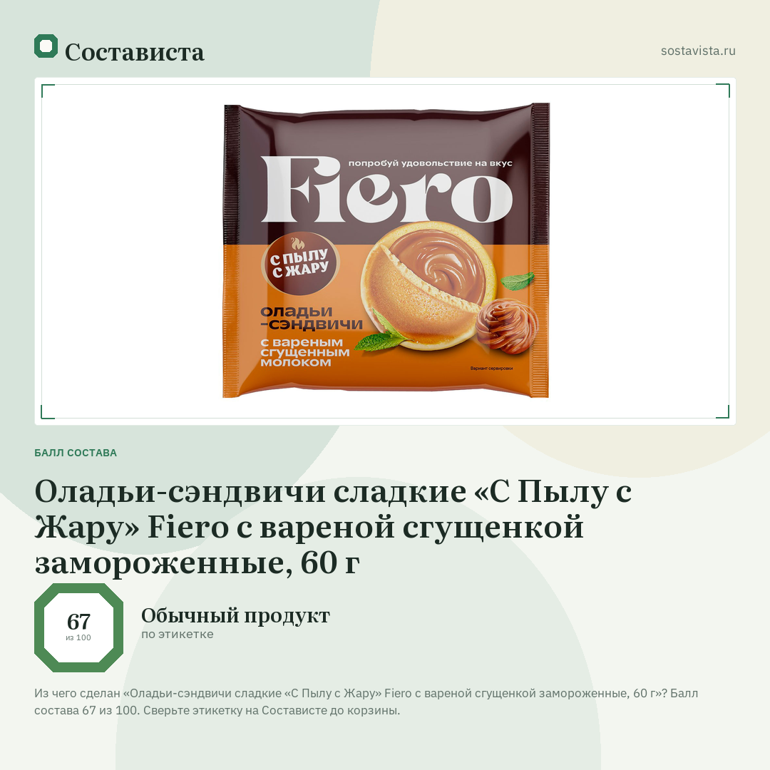 Оладьи-сэндвичи сладкие «С Пылу с Жару» Fiero с вареной сгущенкой замороженные, 60 г: балл состава 67 из 100 — Состависта