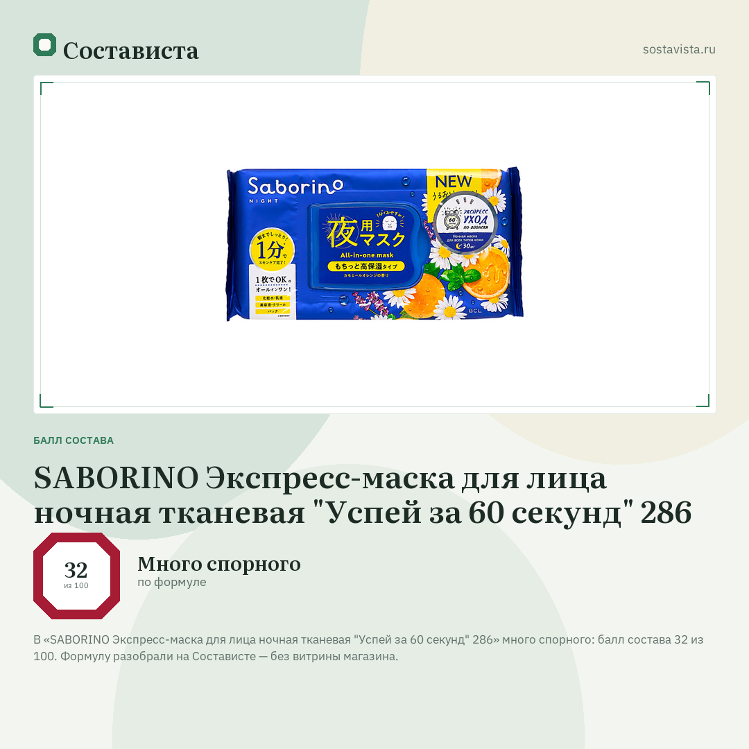 SABORINO Экспресс-маска для лица ночная тканевая "Успей за 60 секунд" 286: балл состава 32 из 100 — Состависта