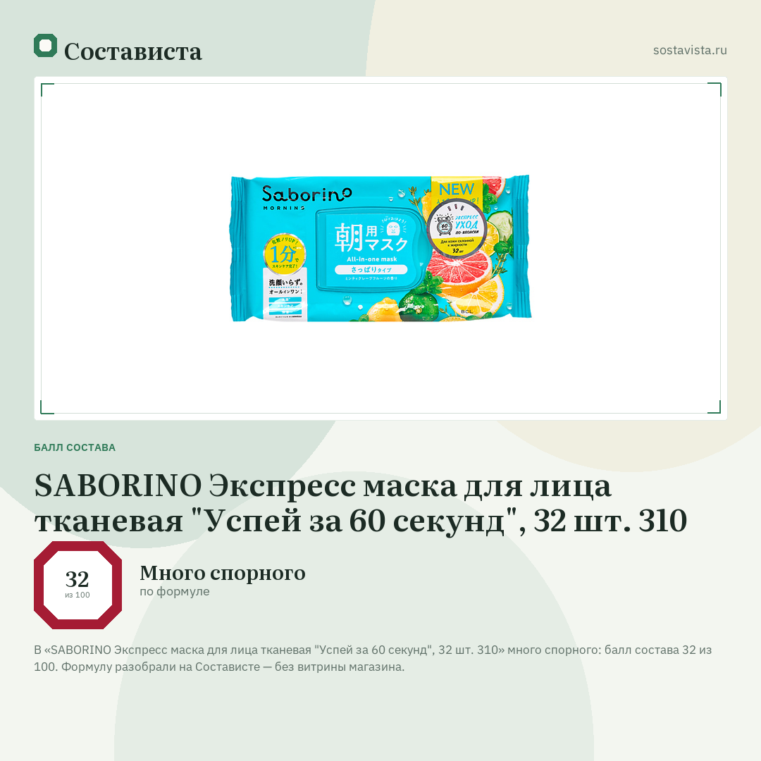 SABORINO Экспресс маска для лица тканевая "Успей за 60 секунд", 32 шт. 310: балл состава 32 из 100 — Состависта