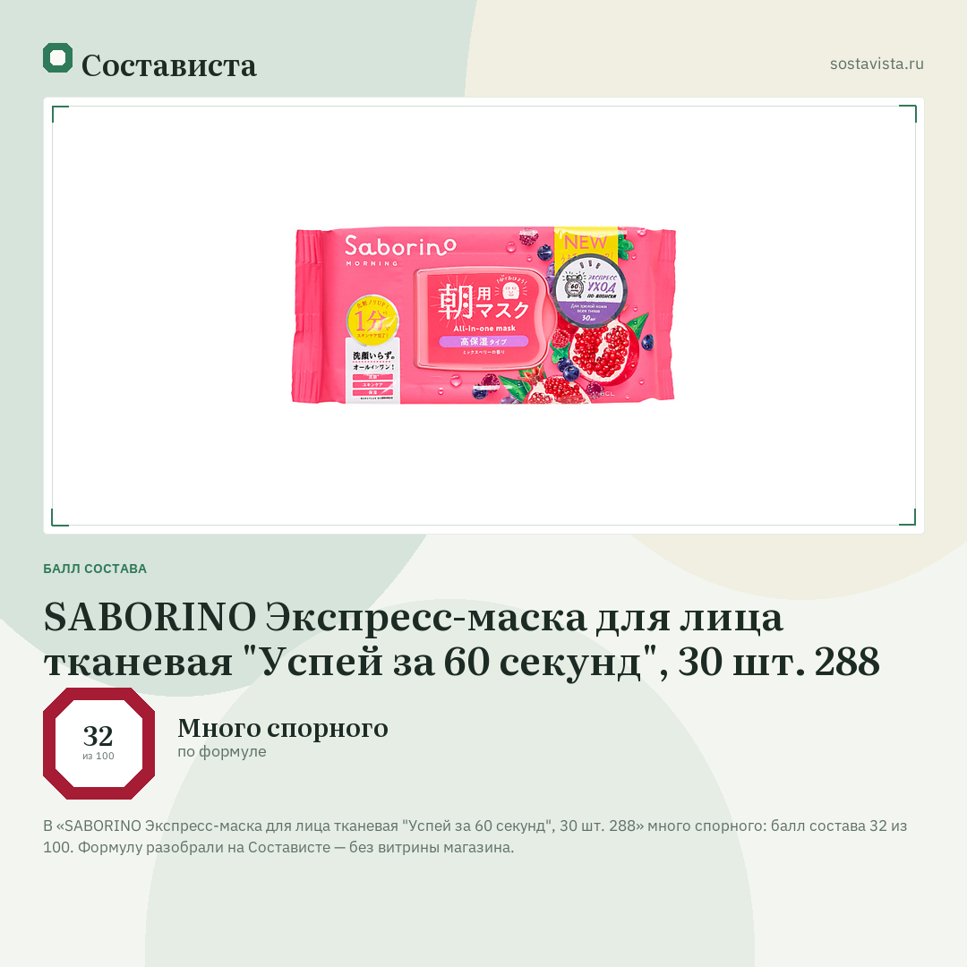 SABORINO Экспресс-маска для лица тканевая "Успей за 60 секунд", 30 шт. 288: балл состава 32 из 100 — Состависта