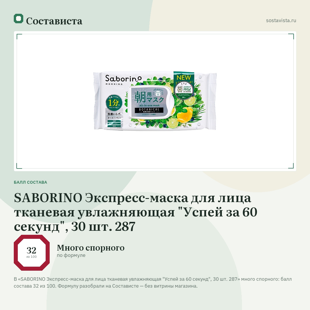 SABORINO Экспресс-маска для лица тканевая увлажняющая "Успей за 60 секунд", 30 шт. 287: балл состава 32 из 100 — Состависта